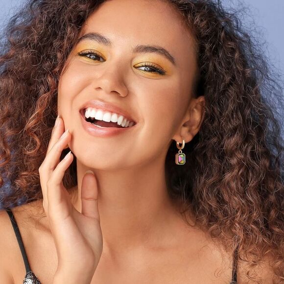 18K Yellow Gold with Vitrail Medium Crystal Dangling Octagon Huggie Earrings - Picture 5 of 7